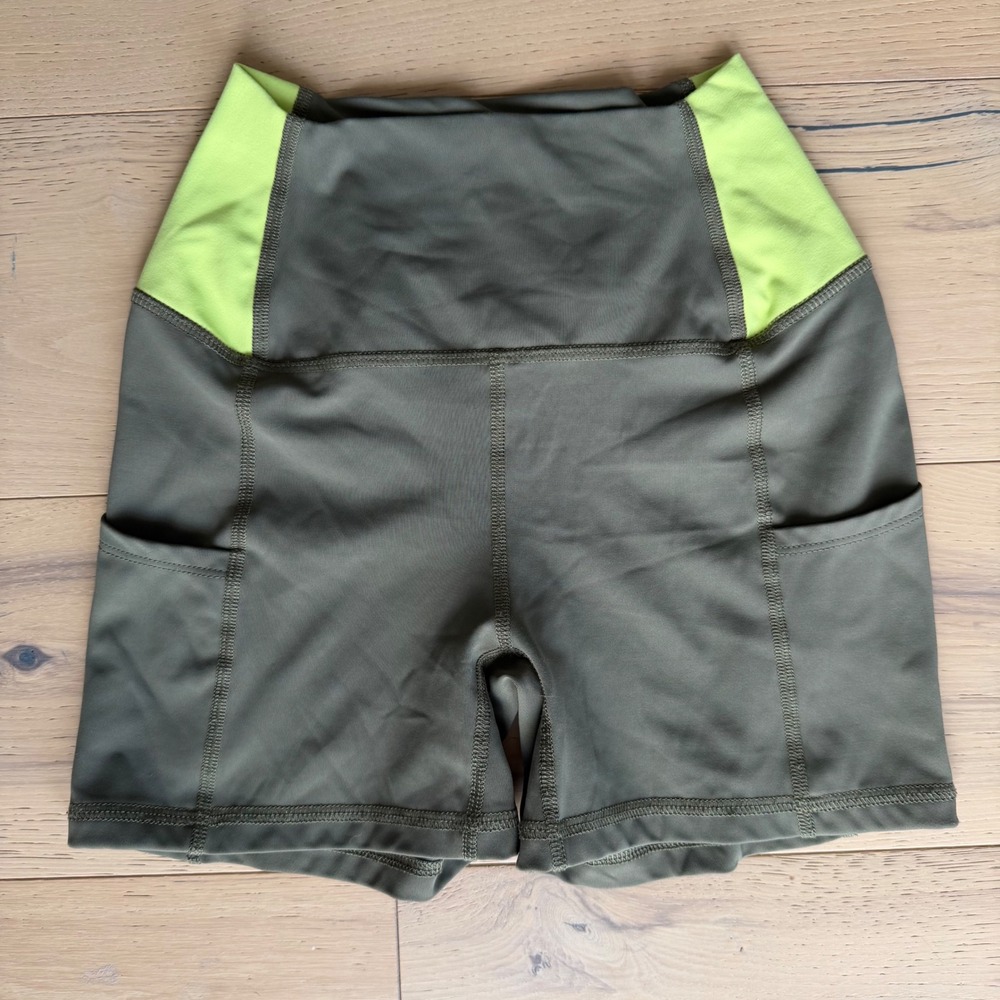 Five Dancewear Olive Green Neon Lime High Waisted Athletic Biker Shorts Small